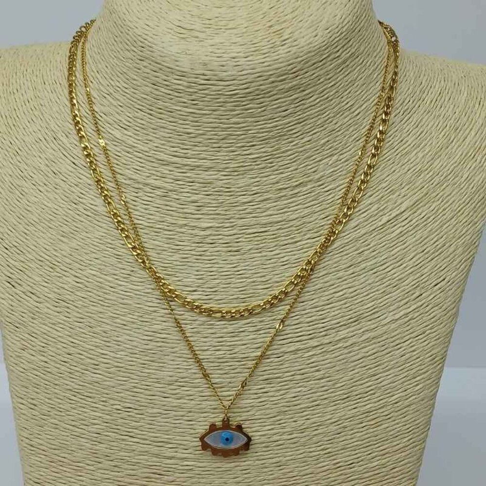 Stainless steel necklace with pendant , New with tags , gold , white and blue